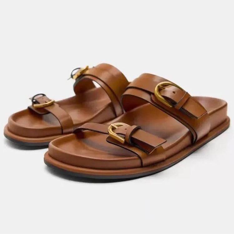 OEM Factory Women's Outdoor Sandals Summer Beach Casual Fashion Walk Shoes Ladies Buckles Metal Flat Slippers With High Quality