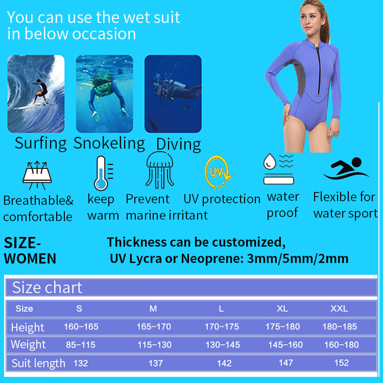 Customized Surfing Wetsuit Swimming Wet For Women In Cold Water Front Zipper Diving Suits Shorty With Long Sleeve